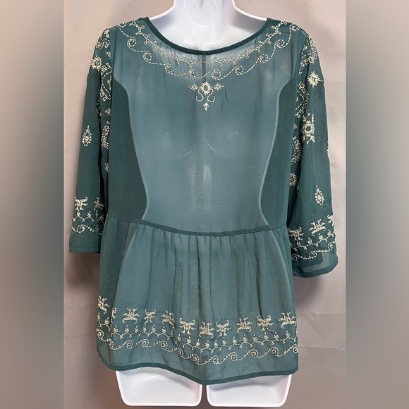 Free People Beautiful Teal Green Embroidered Boho Bell Sleeve Crop Blouse Medium - Picture 3 of 10